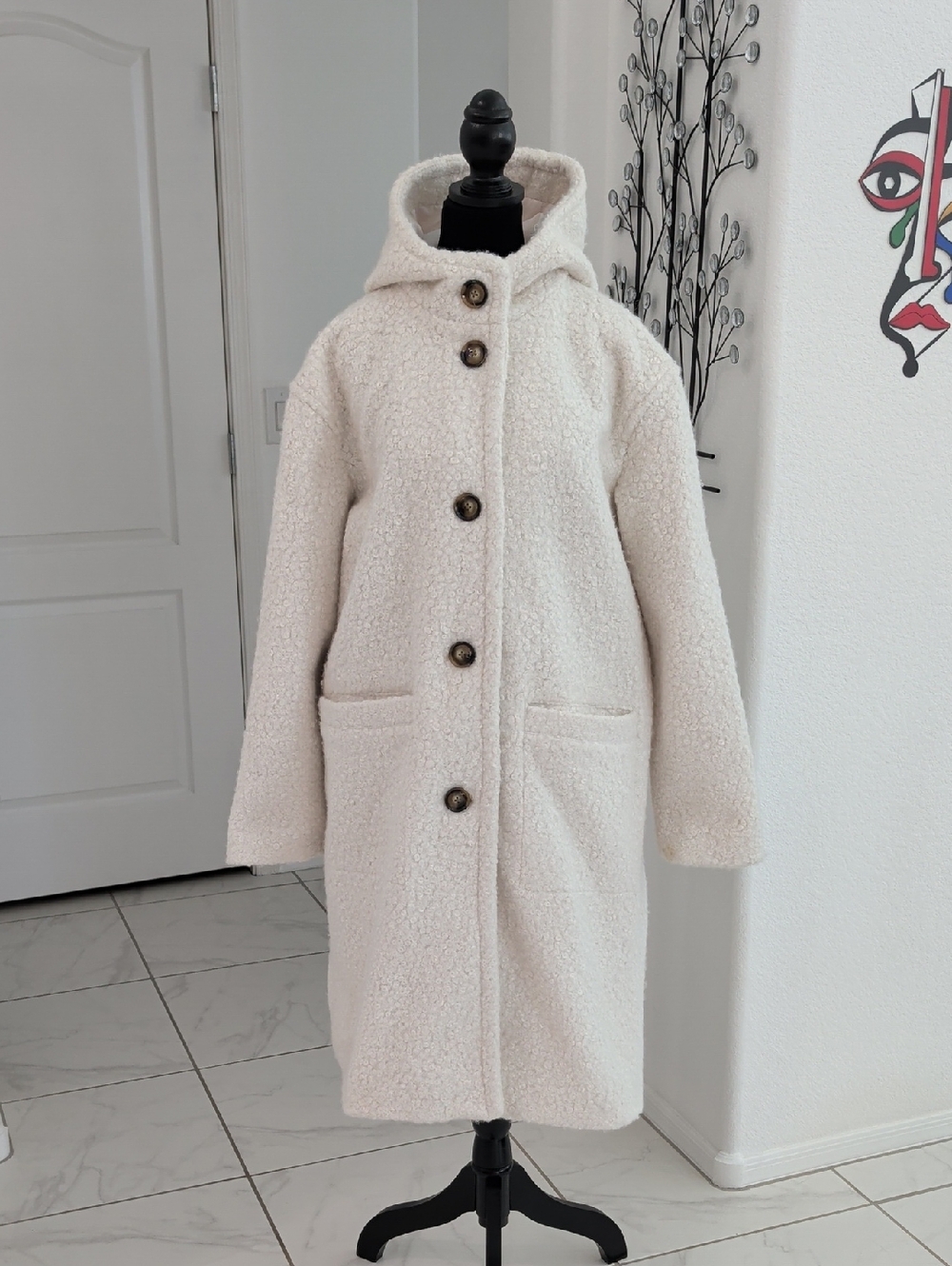 LIke New Cream Hooded Teddy Bear Curly Lamb Hooded Dress Coat a new day L - Picture 9 of 15